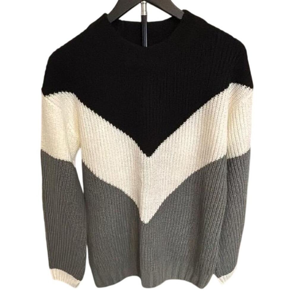 Shein Chevron Color Block Knit Sweater‎ Black White Gray Long Sleeve Casual SZ M